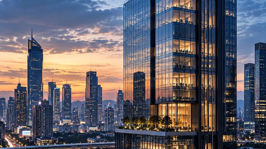 Glass office towers in a city at sunset.