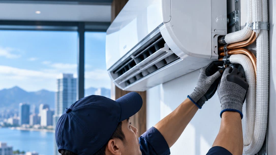 A technician connecting insulated copper pipes to an indoor AC unit.