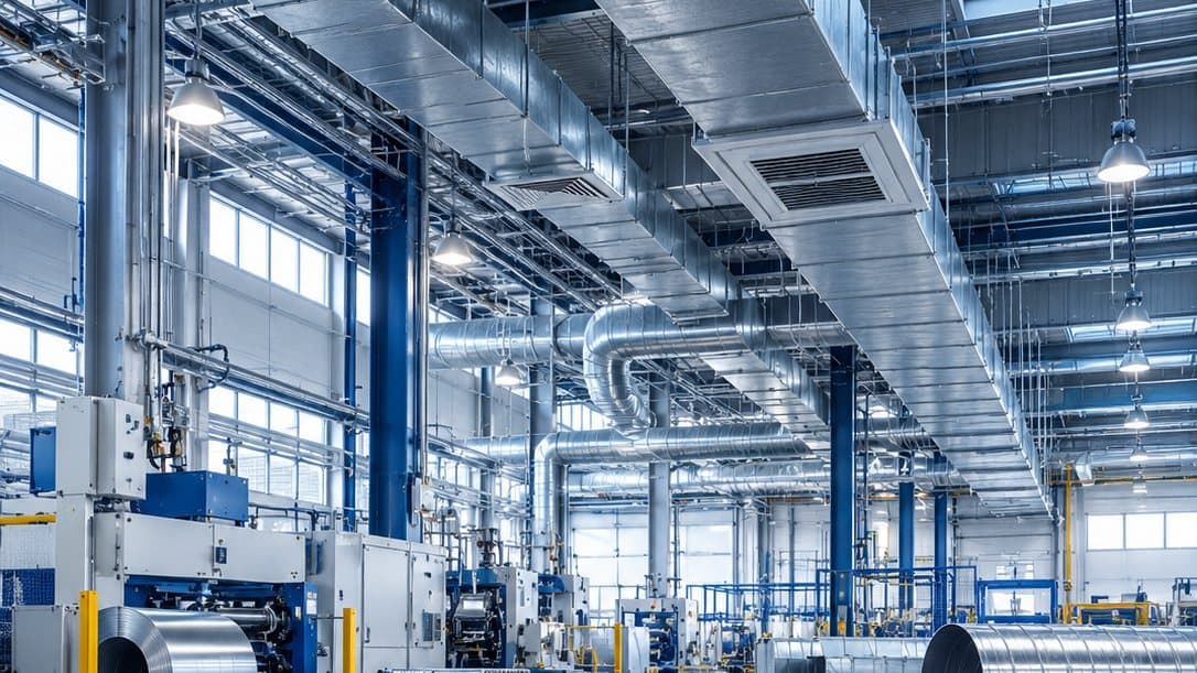 A factory hall with large ventilation ducts and machines.