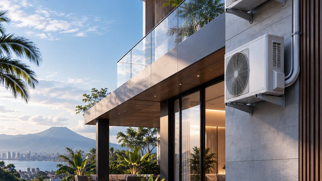 An AC outdoor unit on the wall of a modern house.