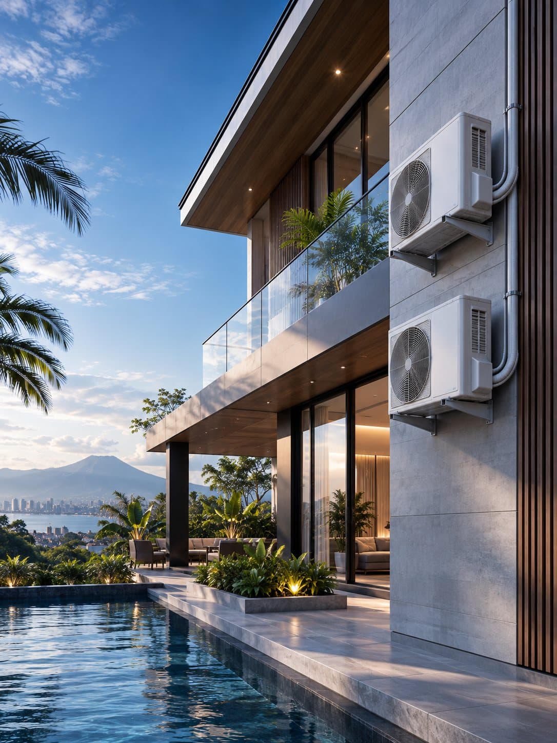 AC outdoor units on the wall of a modern house with a pool.