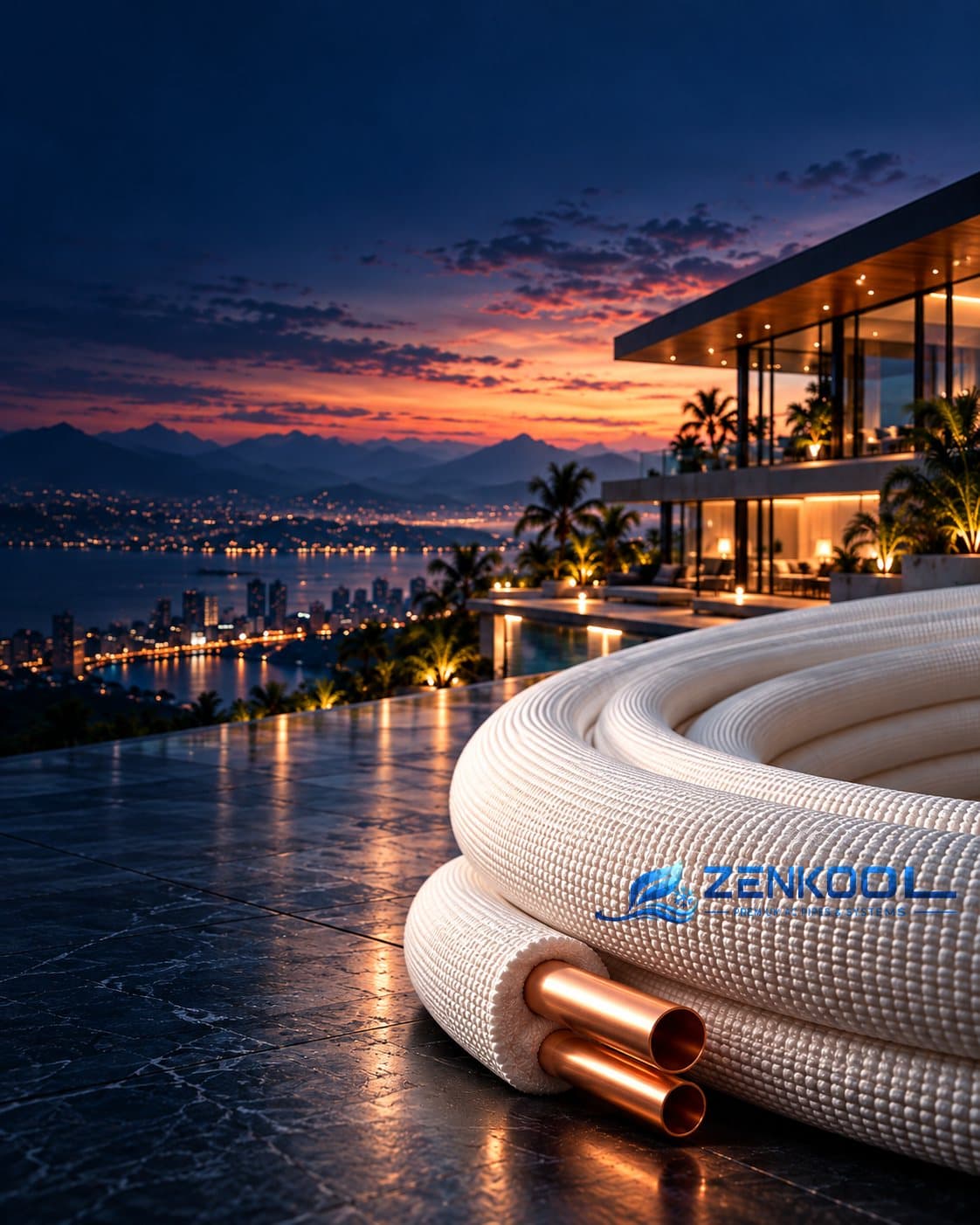 A coil of ZENKOOL insulated copper AC pipe on a terrace at dusk, with a city by the sea in the background.