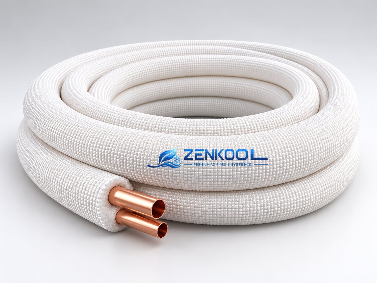 A coil of ZENKOOL insulated AC pipe: two copper pipes in white insulation.